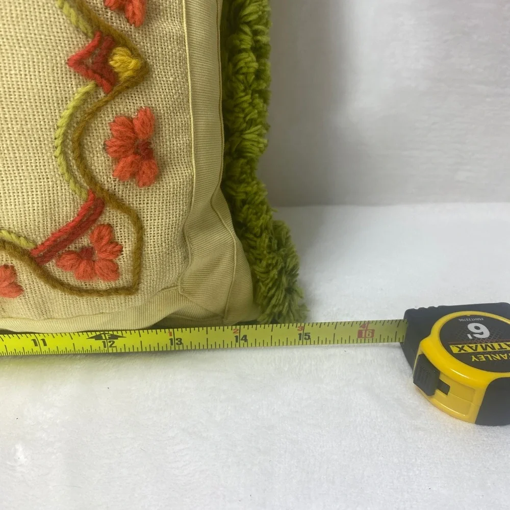 Vintage Embroidered Needlepoint Floral Pillow Square Boho Shabby Chic